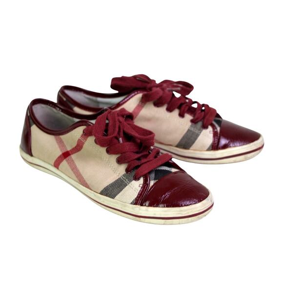 Burberry NOVA CHECK TEXTILE PATENT LEATHER ROUND TOE LACE UP SNEAKERS SHOES Sz37 - Picture 1 of 11